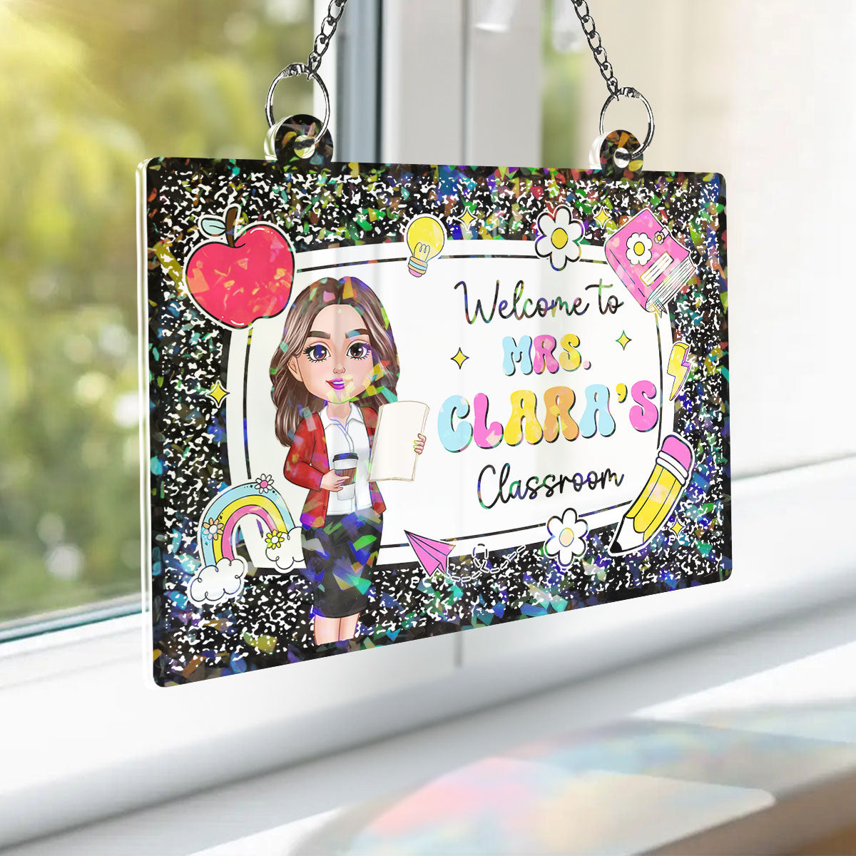 Teacher Composition Book Pattern Personalized Hologram Window Decor, Classroom Decor, Back To School Gift