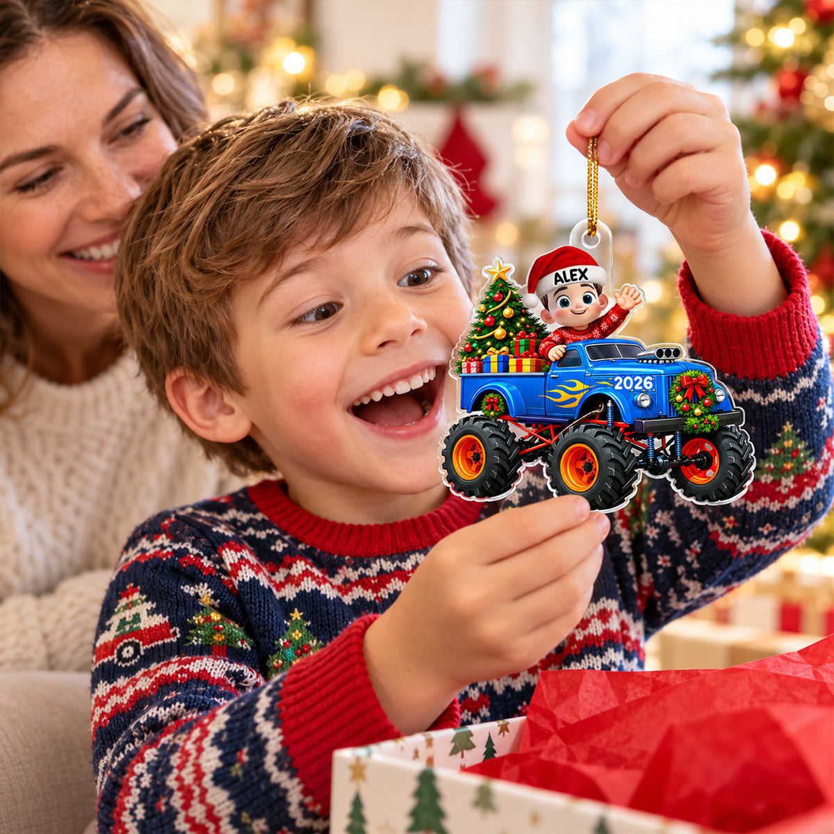 Little Kid With Monster Truck - Personalized Acrylic Ornament - Christmas Gift For Kids, Grandkids, Grandson, Granddaughter, Son, Daughter