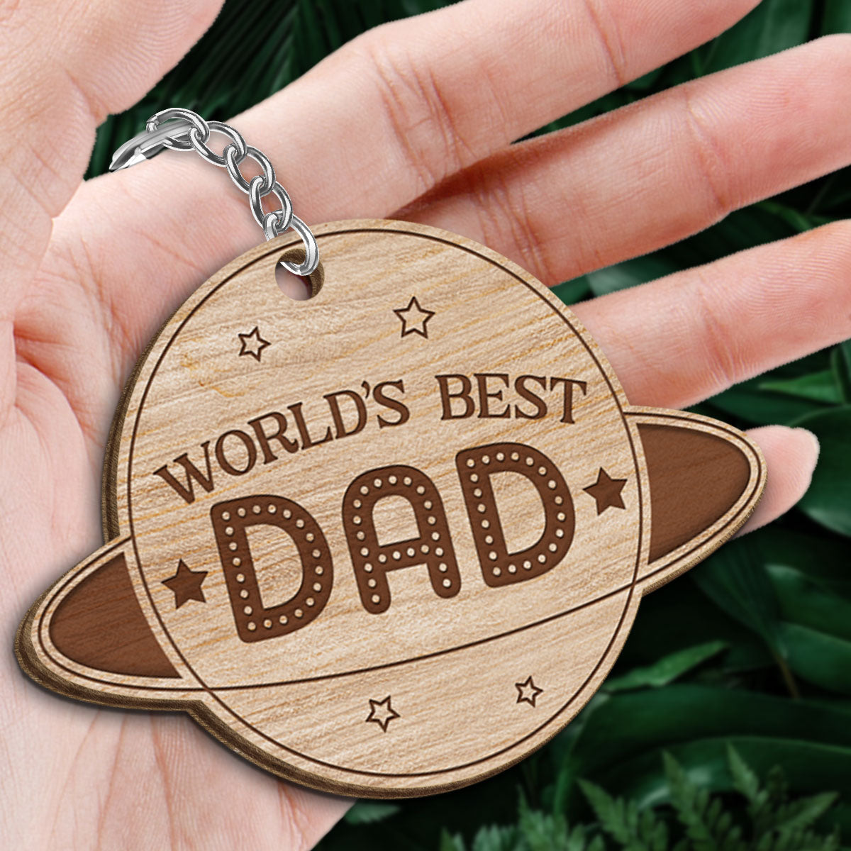 World‘s Best Dad Back View Planet Personalized Wooden Keychain