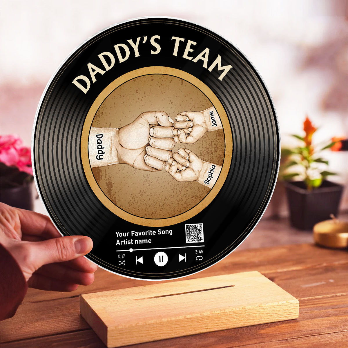 Daddy's Team Fist Bump Custom Vinyl Record Acrylic Song Plaque, Scannable QR Code, Personalized Birthday, Father's Day Gift for Dad
