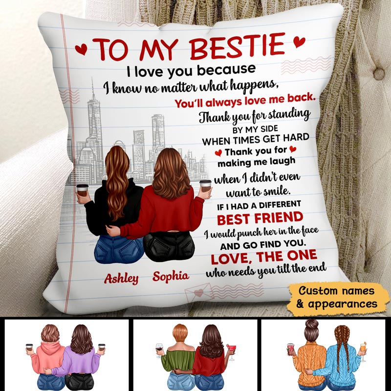 To My Bestie Letter Pattern Back View Besties Personalized Pillow (Insert Included)