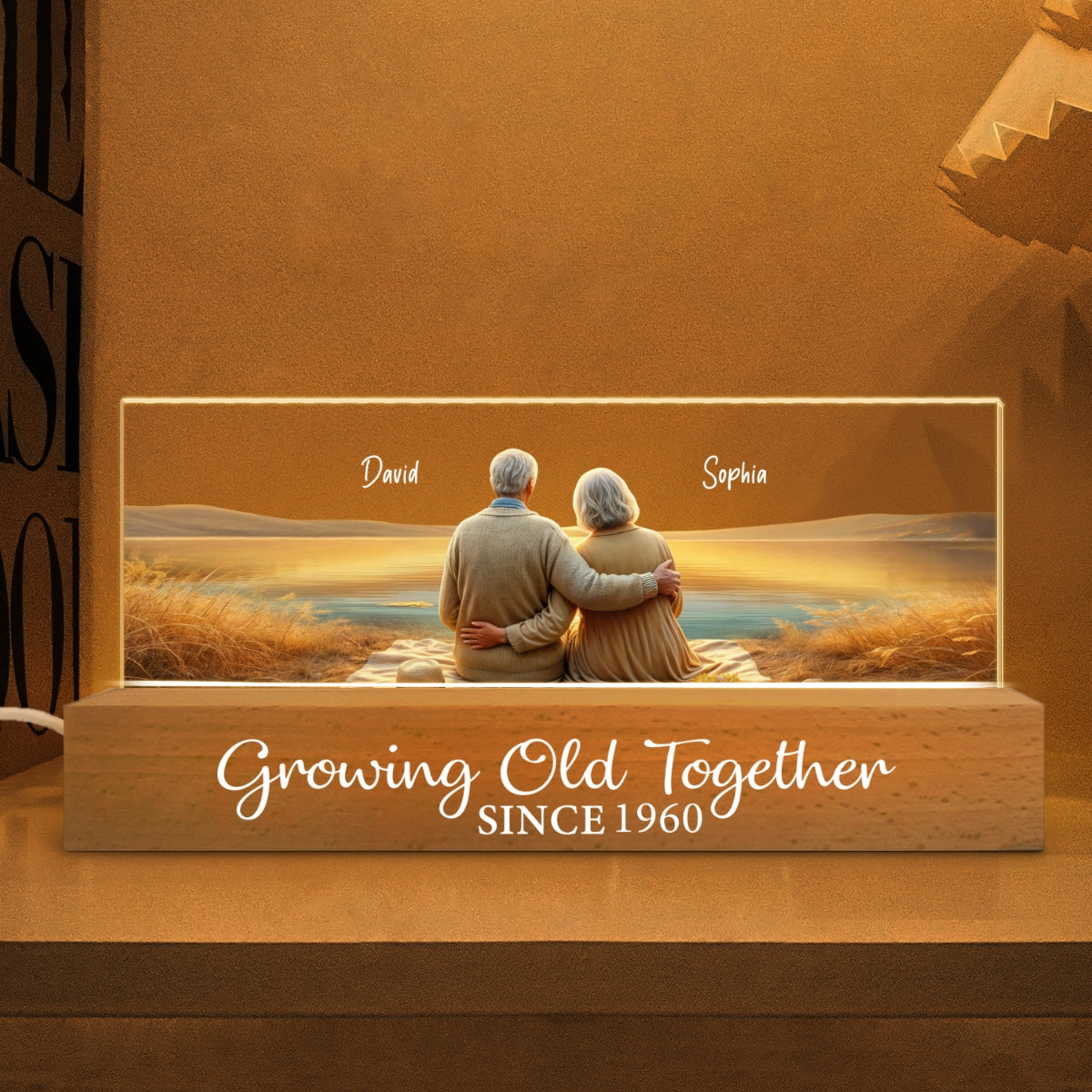 Growing Old Together Personalized Acrylic Block LED Night Light, Anniversary Birthday Gift For Husband, Wife, Old Couple, Parents