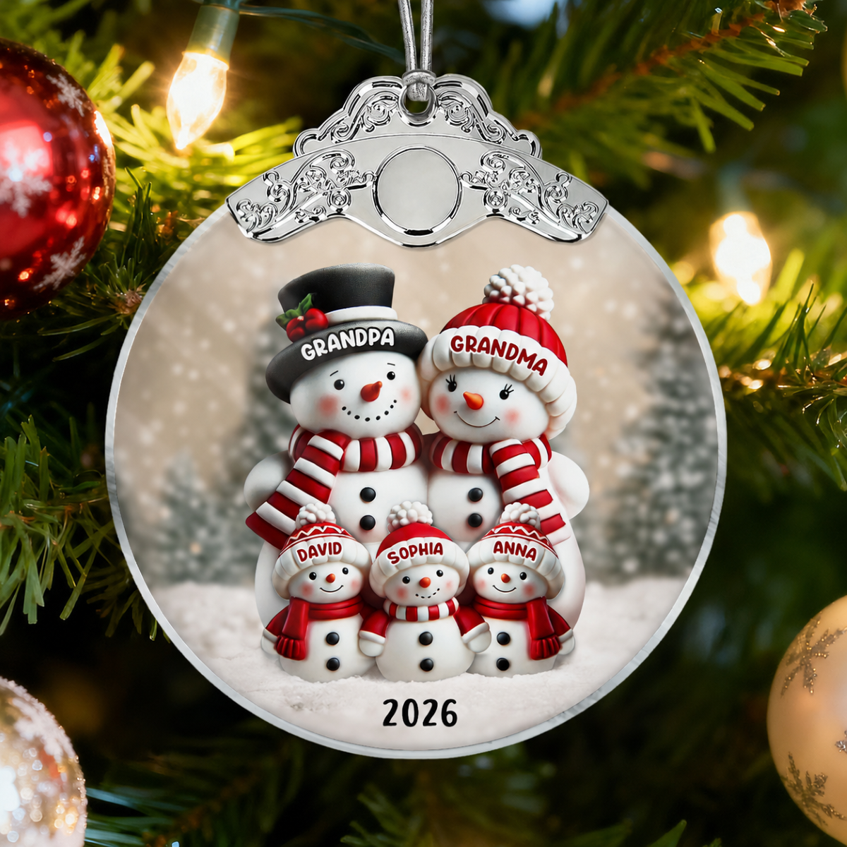 3D Effect Cute Snowman - Personalized Glass Ornament With Silver Cap - Christmas Decor For Family, Grandma, Grandpa