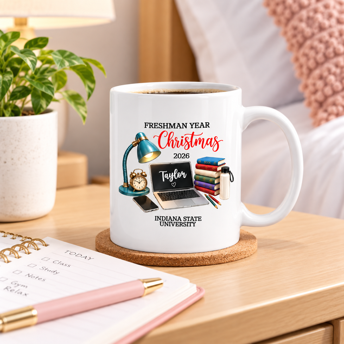 Freshman Year Christmas Study Desk – Personalized Mug – College Student Christmas Gift, First Year Keepsake