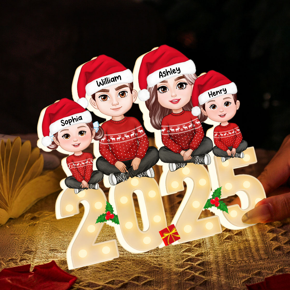 Family Sitting On Marquee Effect Letter Personalized LED Light Box, Christmas Decor For Family