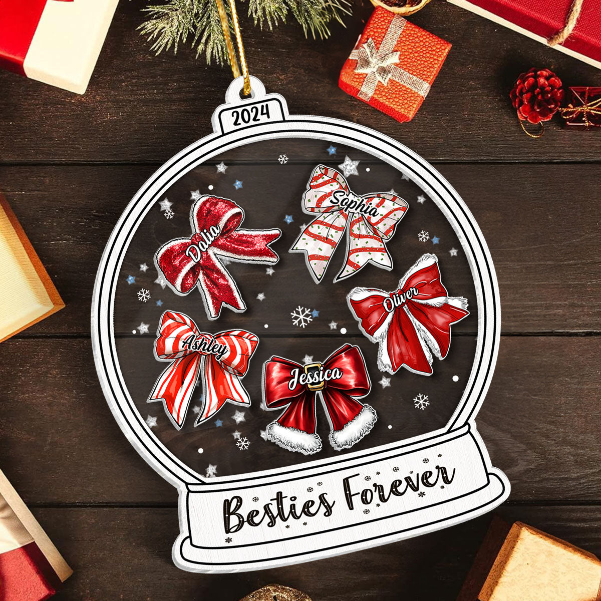 Besties Sisters Christmas Bow Personalized Shaker Ornament, Christmas Gift for Besties Sisters