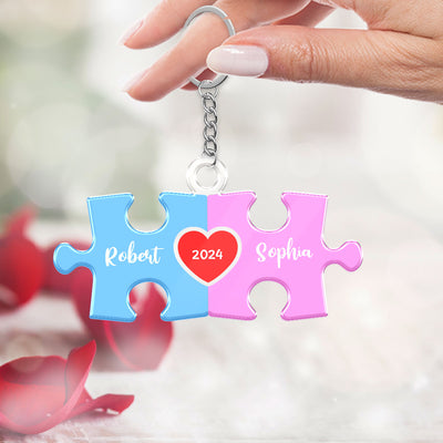 Love Is The Piece That Holds Us Together Acrylic Keychain, Personalize Couple Puzzle Name Sign,  Gift For Him, For Her, Wedding Gift