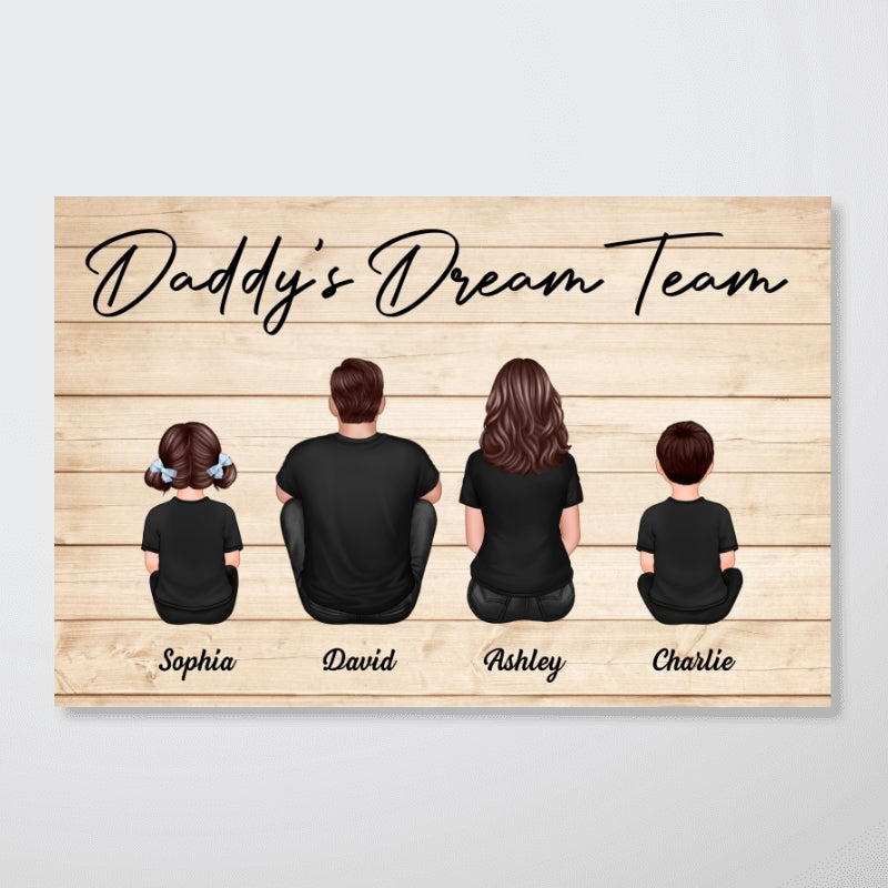 Daddy‘s Team Back View Dad And Kids Sitting Personalized Poster, Gift For Dad, Husband