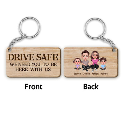 Family Doll Couple & Kids Dog Cat Sitting Personalized Wooden Keychain