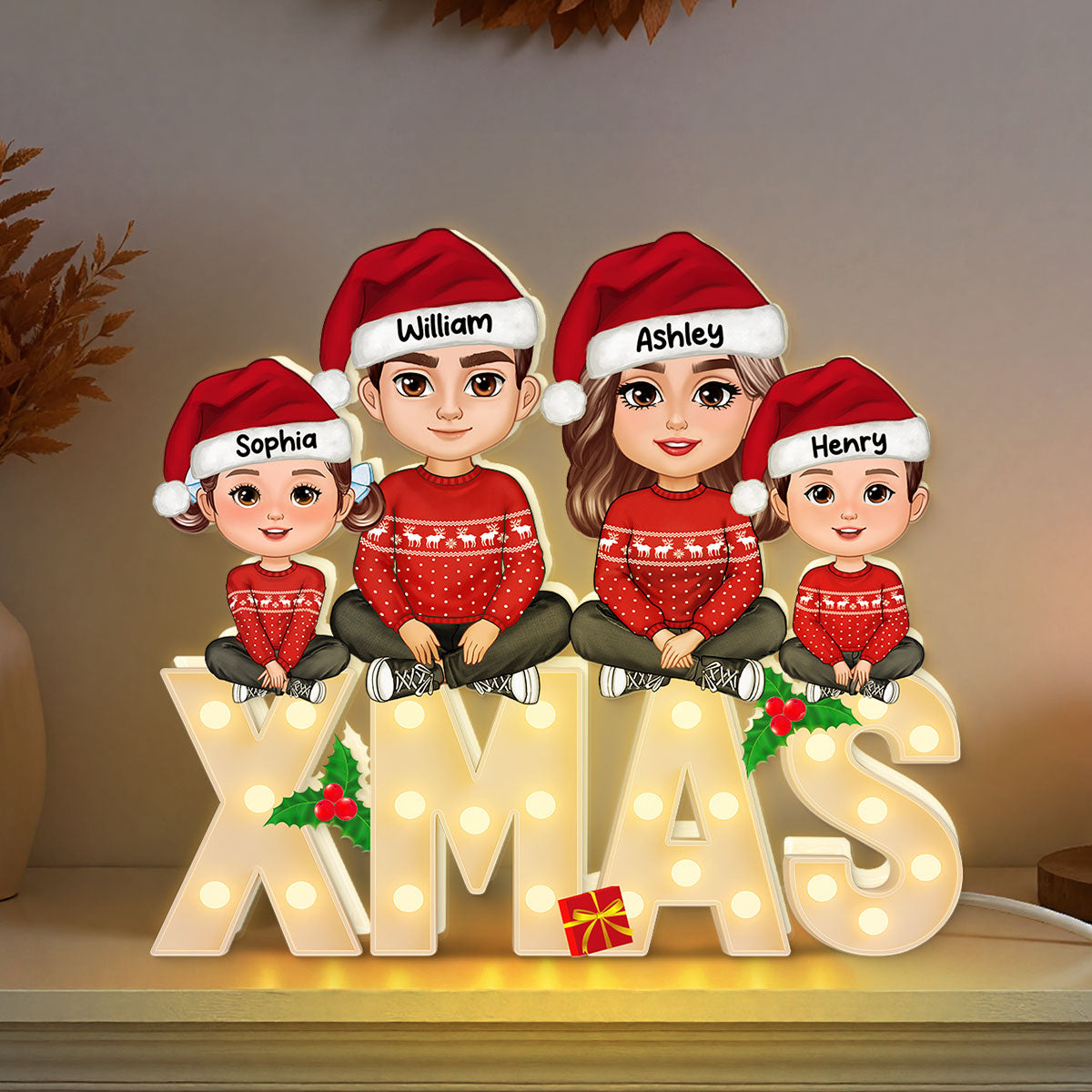 Family Sitting On Marquee Effect Letter Personalized LED Light Box, Christmas Decor For Family