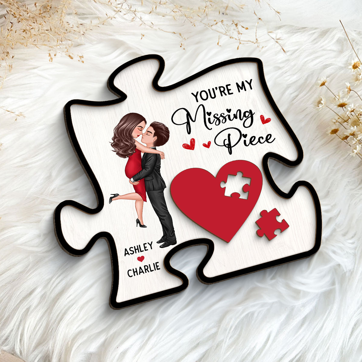 Couple Missing Piece Red Heart In Puzzle Shape Personalized 2-layer Wooden Plaque
