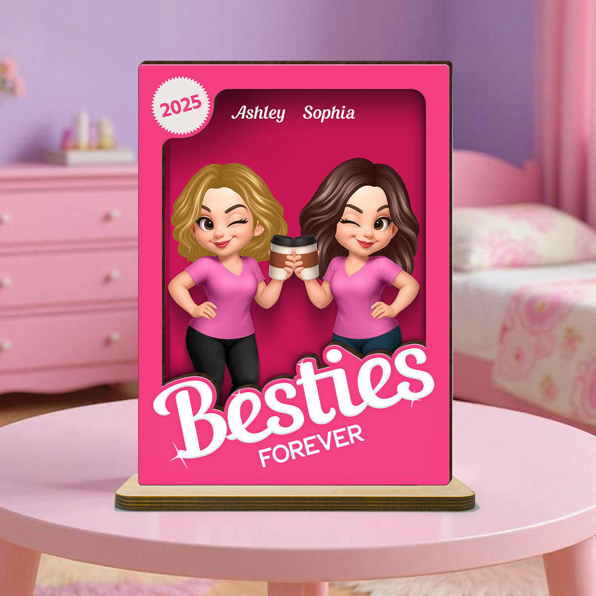 Besties Partner In Crime Pink 3D Effect Action Figure Personalized 2-Layer Standing Wooden Plaque