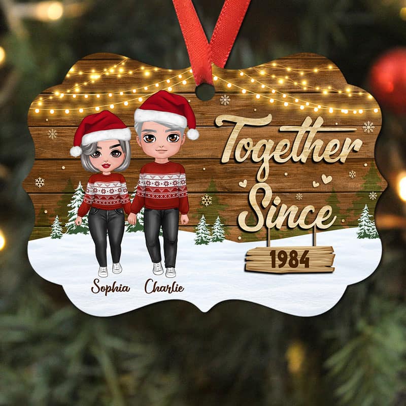 Couple Standing In Snow Wood Background Personalized Christmas Ornament