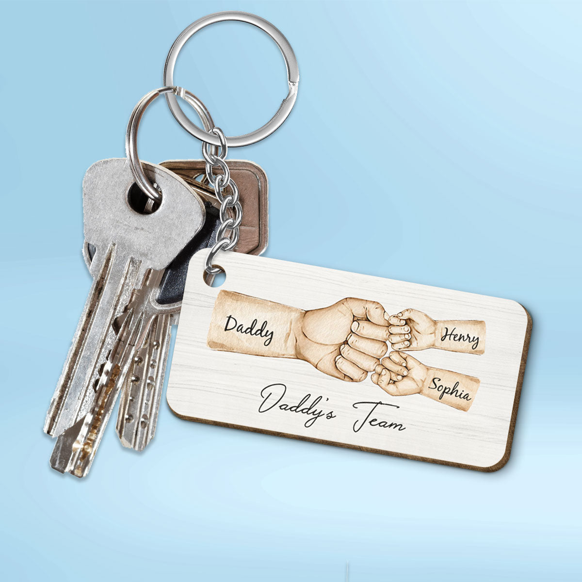 Daddy's Team Fist Bump Personalized Wooden Keychain, Father's Day Gift For Dad, For Grandpa, For Husband