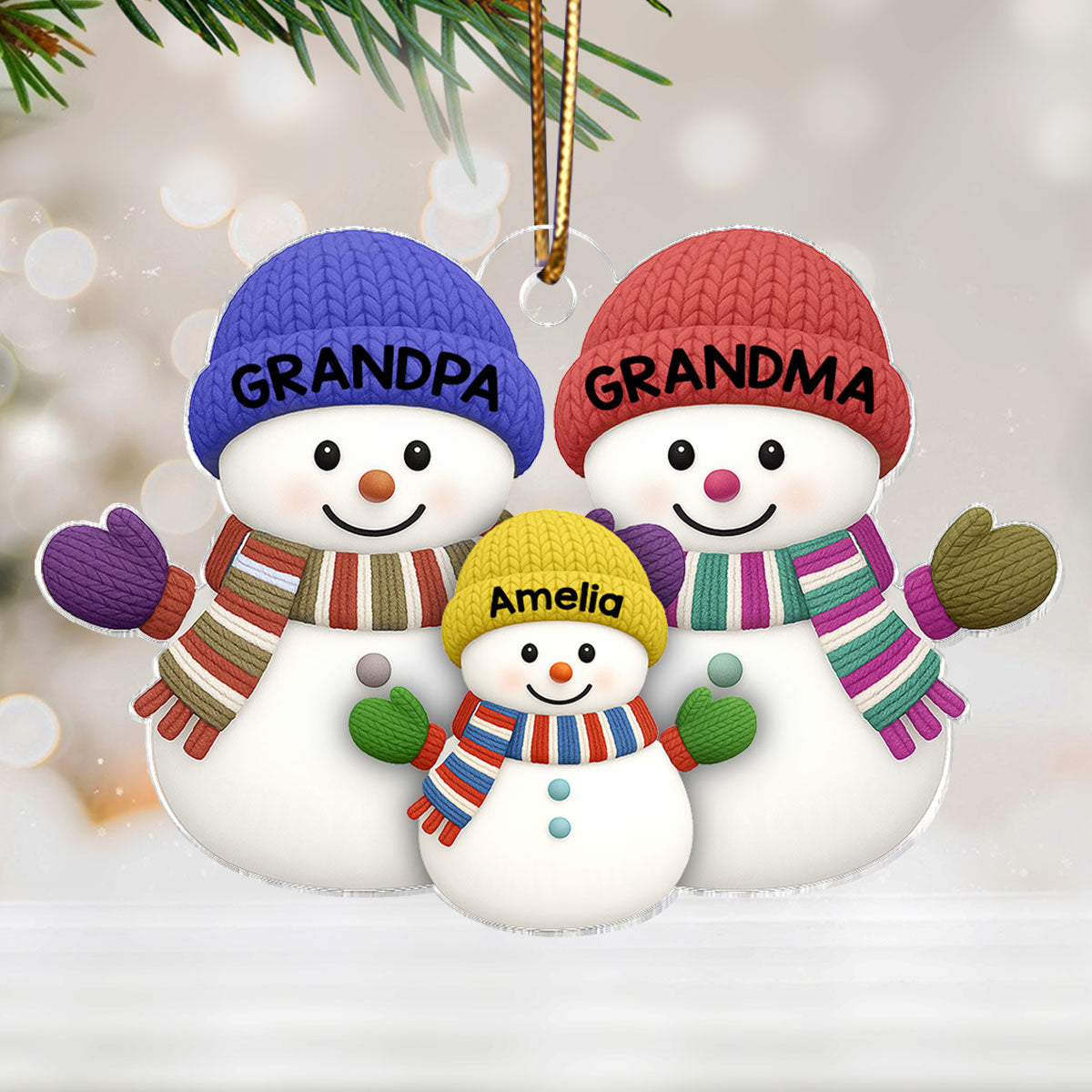 Christmas Grandma Grandpa And Grandkid Snowman Together - Personalized Acrylic Ornament