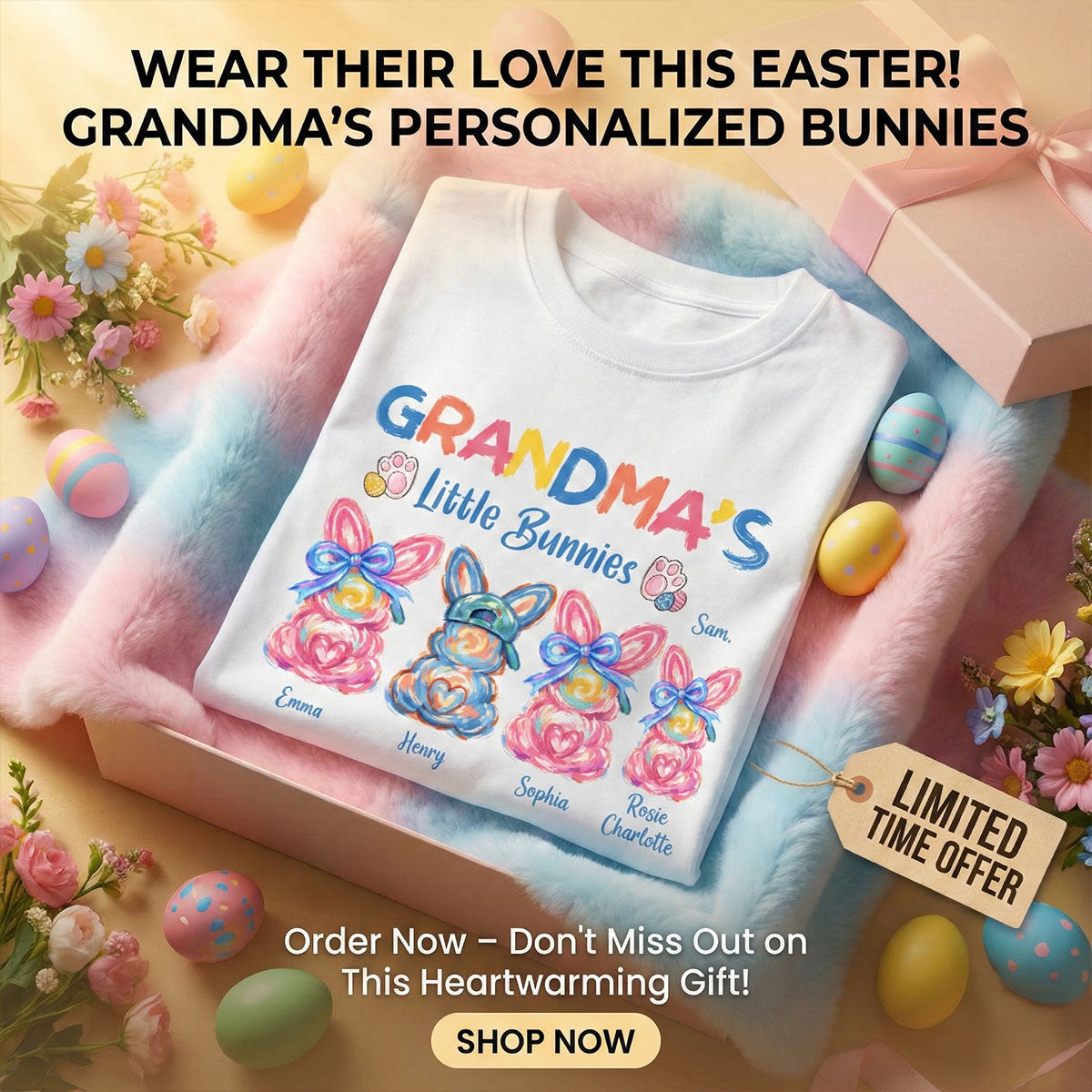 Grandma's Little Bunnies Colorful Brushstroke - Personalized Shirt - Easter Shirt for Grandma
