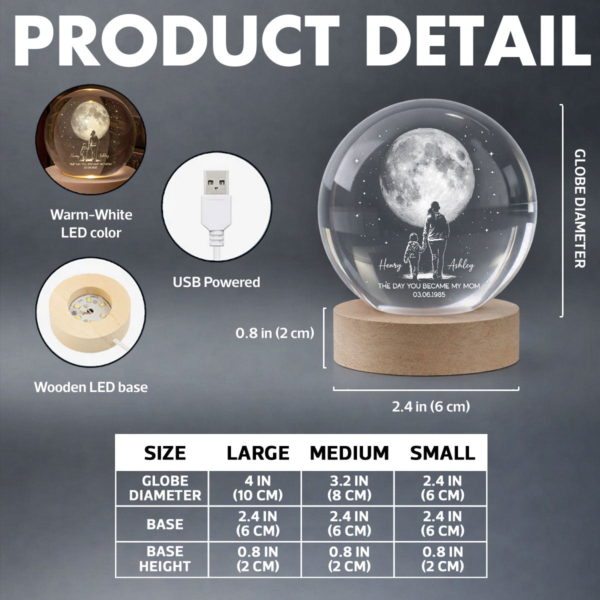 The Day You Became My Mom Custom Moon Phase by Date - Personalized Crystal Ball LED Night Light - Mother's Day Gift for Mom