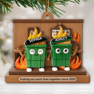 3D Effect Dumpster Fires In Office Scene - Personalized Wooden Ornament - Funny Gift For Colleagues, Work Besties