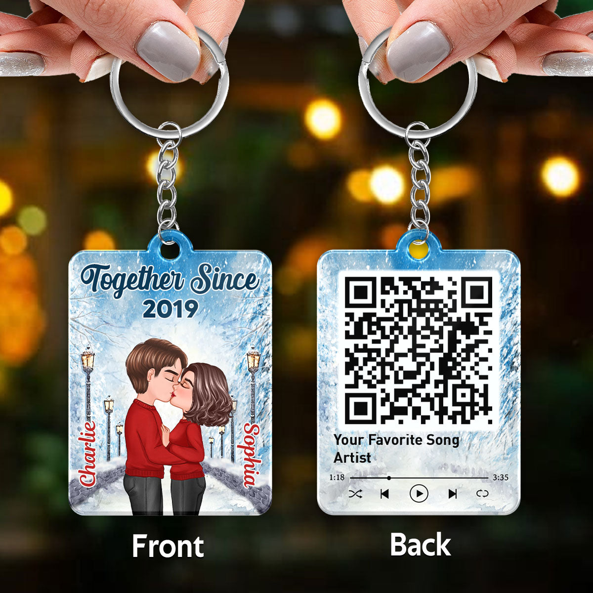 Doll Couple Kissing Winter Lamp Post Road Favorite Song QR Code Personalized Acrylic Keychain