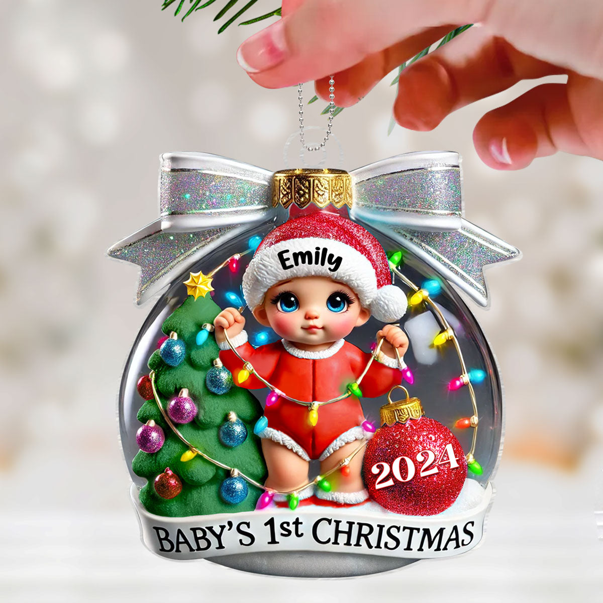 3D Effect Baby First Christmas Personalized Acrylic Ornament, Christmas Tree Bow, New Parents Keepsake, Gift for Newborn