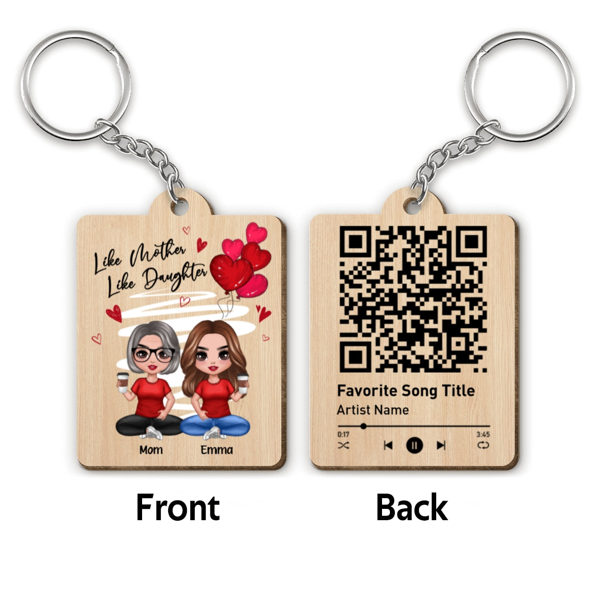 Red Hearts Like Mother Like Daughters Doll Favorite Song Scannable QR Code Gift For Mom Daughters Matching Personalized Wooden Keychain