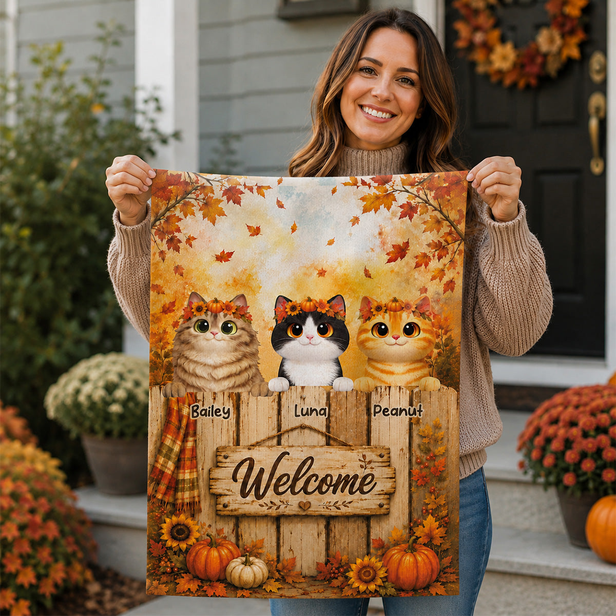 Cozy Fall Welcome Cats Peeking On Fence - Personalized Garden Flag - Fall Season Decoration