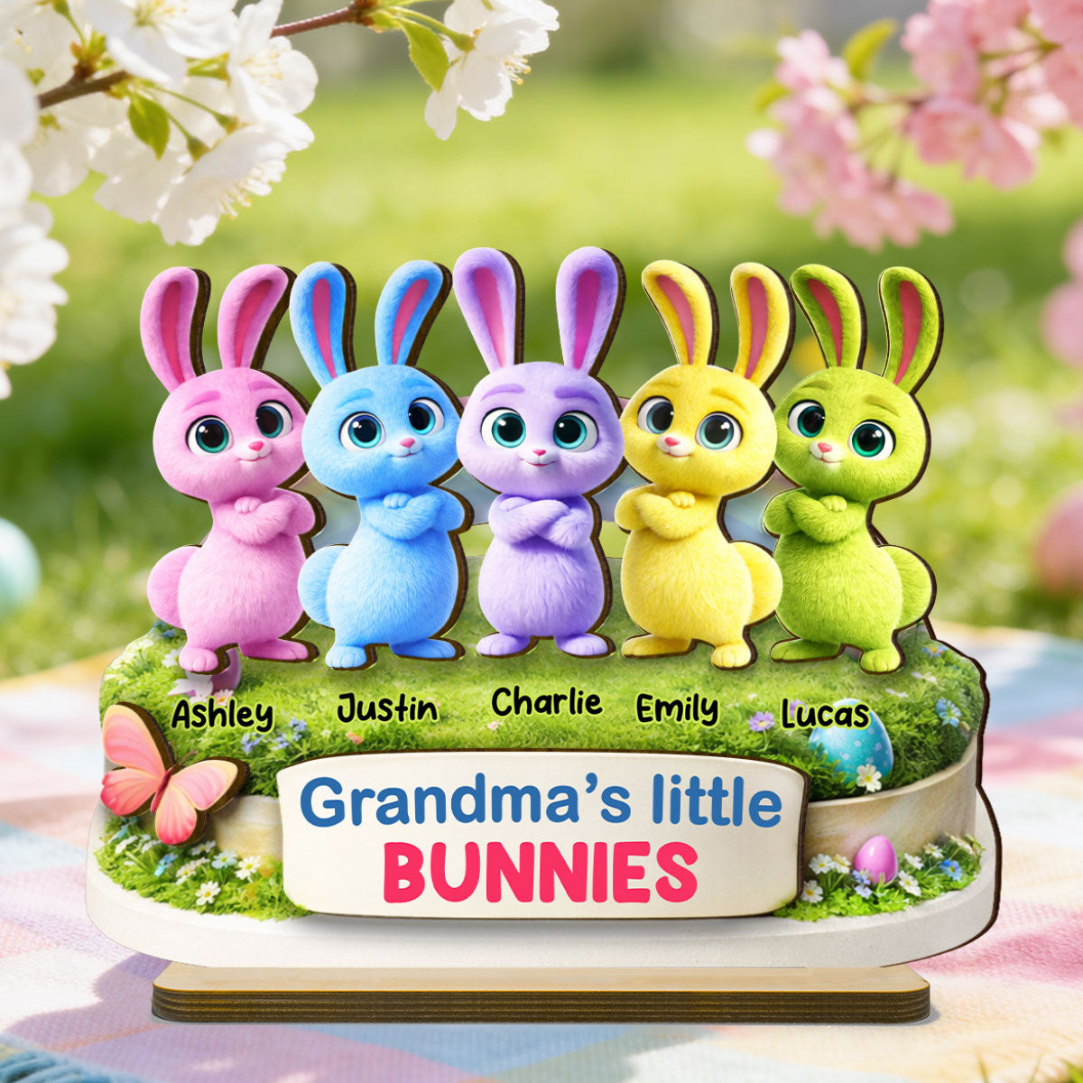 Grandma's Little Bunnies Cute Rabbits - Personalized 2-Layered Wooden Plaque - Easter Decor Gift for Grandma, Mom