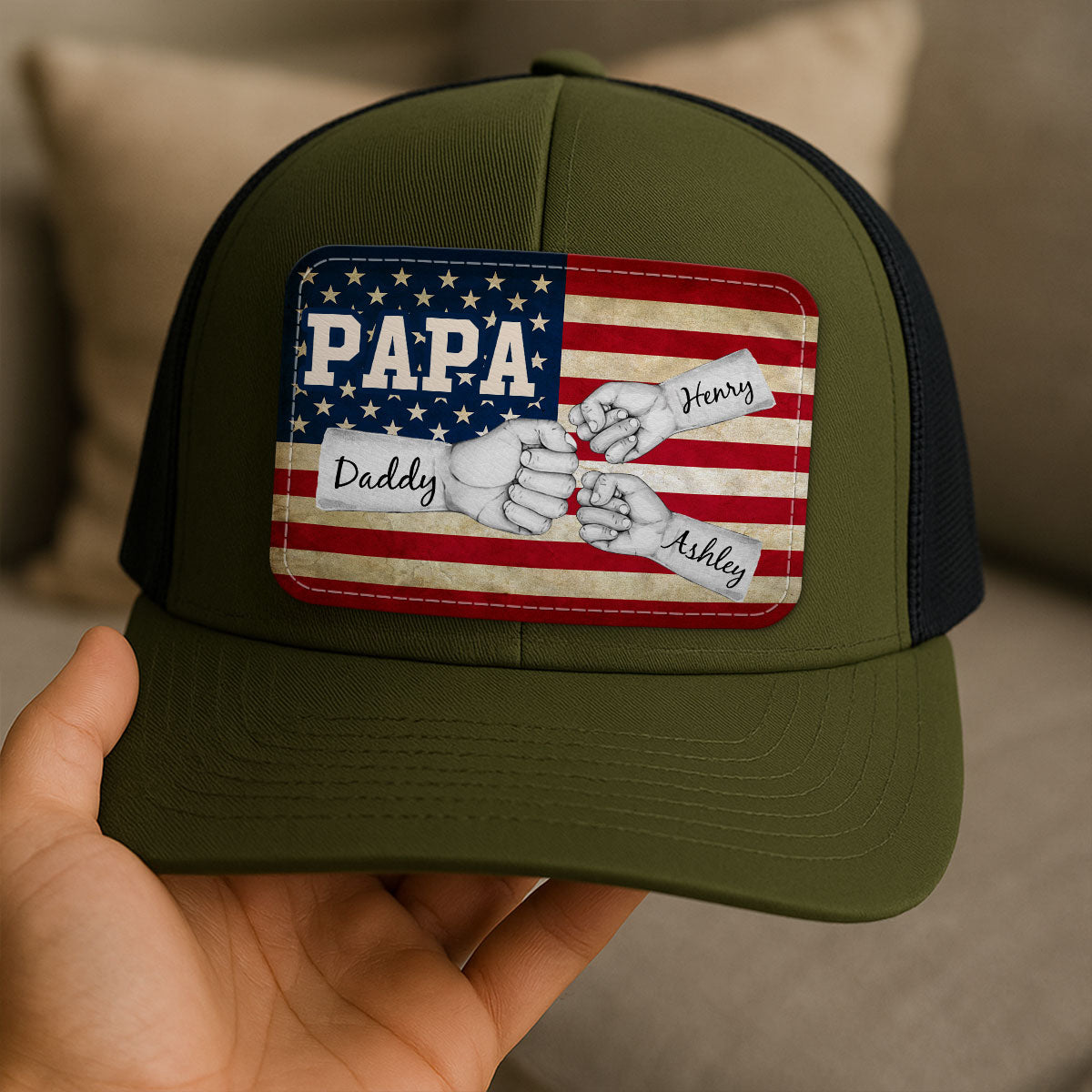 Dad Grandpa Papa Fist Bumps Nation Flag Personalized Leather Patch Hat