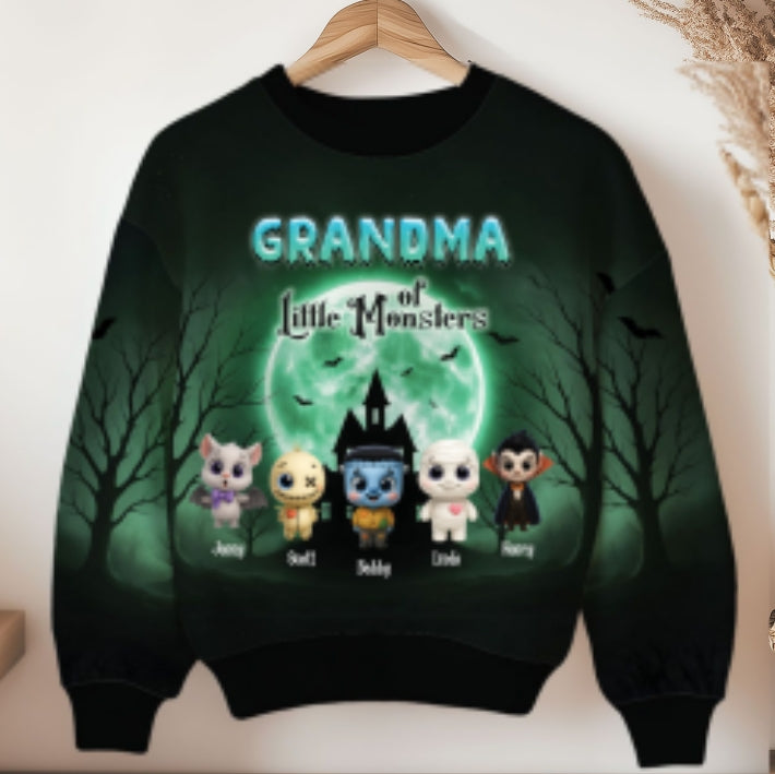 Grandma Mom Little Monsters Teal Theme Personalized 3D Sweatshirt, Halloween gift for Grandma