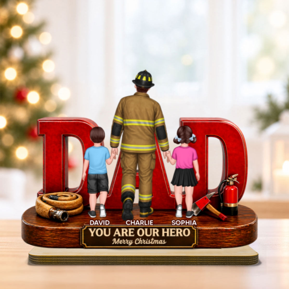 Proud American Firefighter Dad You Are Our Hero - Personalized 2-Layered Wooden Plaque - Christmas Gift For Dad, Husband, Firefighters