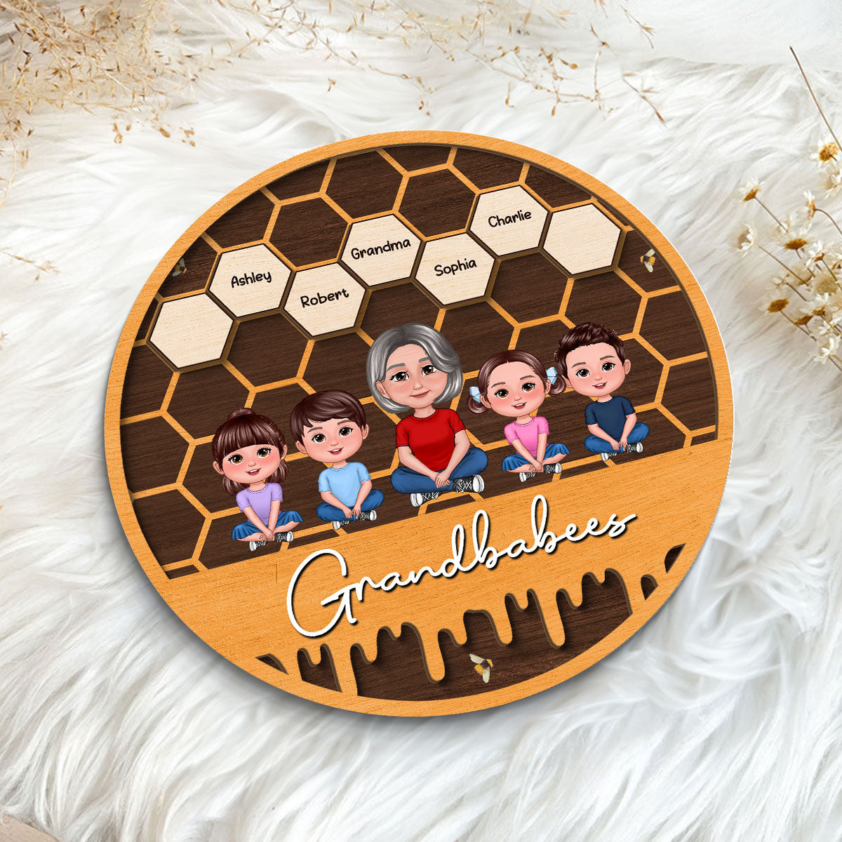 Grandbabees Crossed Legs Grandma Grandkids Sitting Personalized 2-layer Wooden Plaque, Gift For Grandma