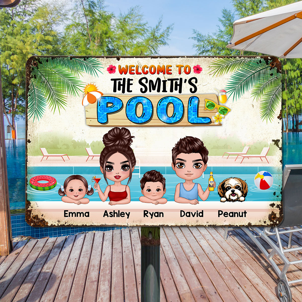 Welcome To Family Pool Couple Dad Mom Kids Dogs Cats Summer Personalized Metal Sign