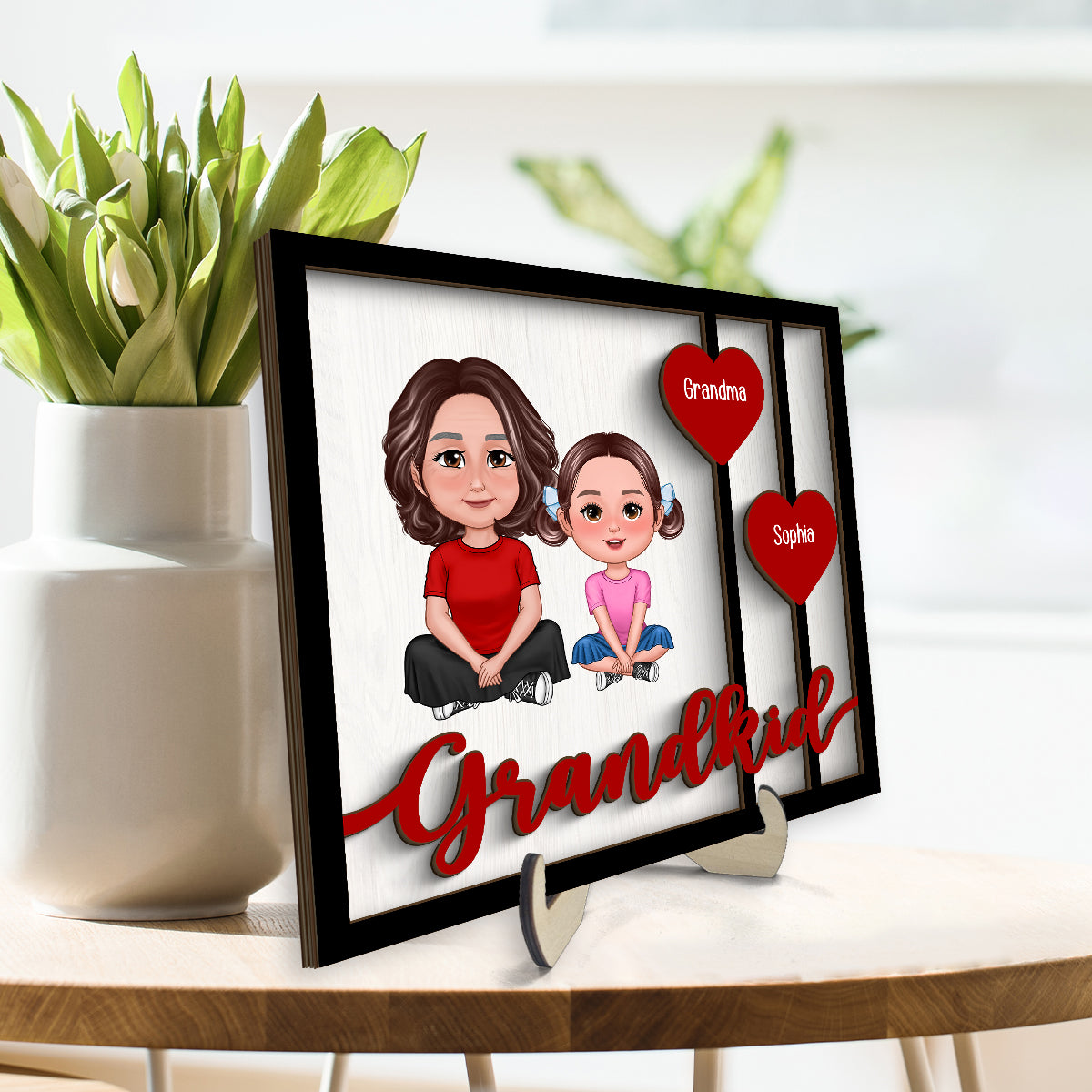 Grandma Grandkids Crossed Legs Red Hearts Personalized 2-layer Wooden Plaque