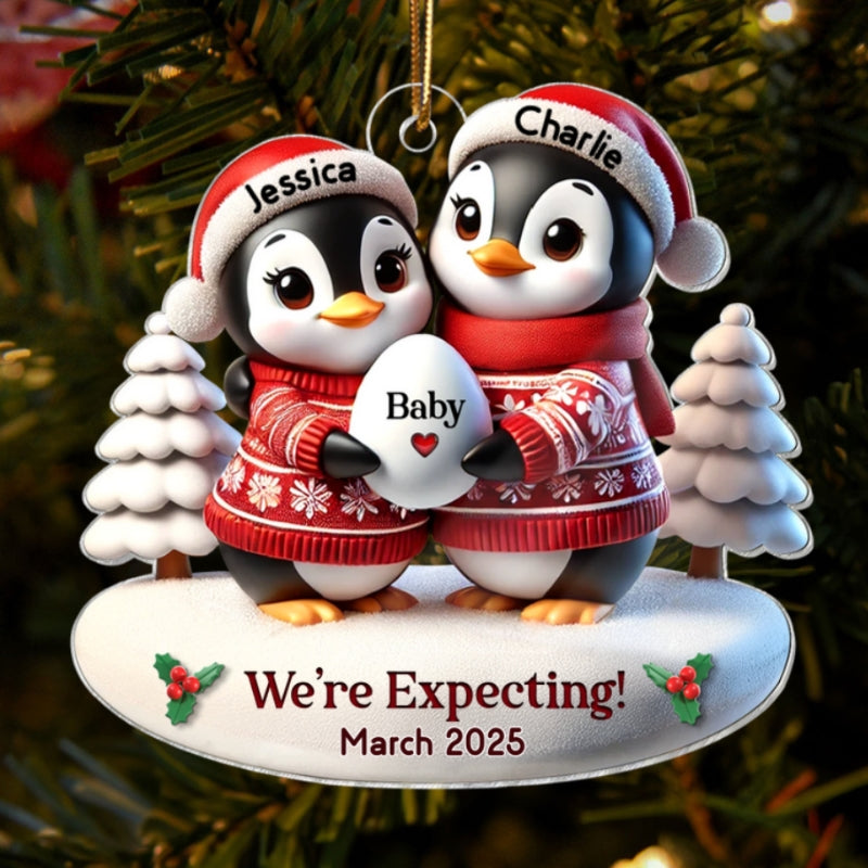 3D Effect Cute Penguin Couple Expecting Parents Pregnancy Announcement Keepsake Personalized Acrylic Ornament