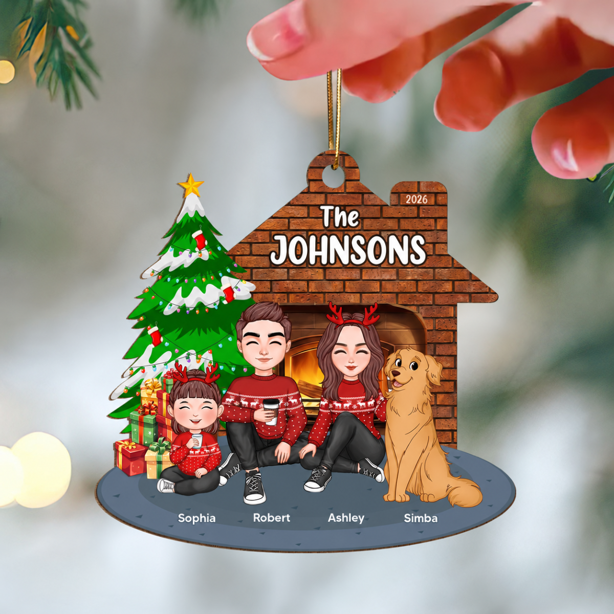 Whole Cute Family Dad Mom Kid Dog Cat By Christmas Tree In House Personalized Wooden Ornament