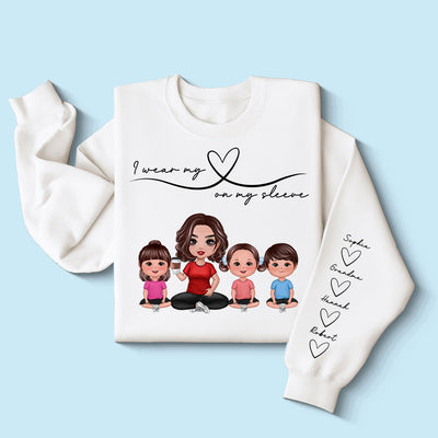Grandma Mom Wear Her Heart On Her Sleeve, Beautiful Heart Design, Personalized Sleeve Printed Sweatshirt, Gift For Grandma