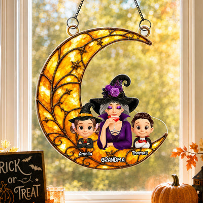 Halloween Moon Grandma Witch Grandkids - Personalized Acrylic Window Hanging - Halloween Gift For Grandma