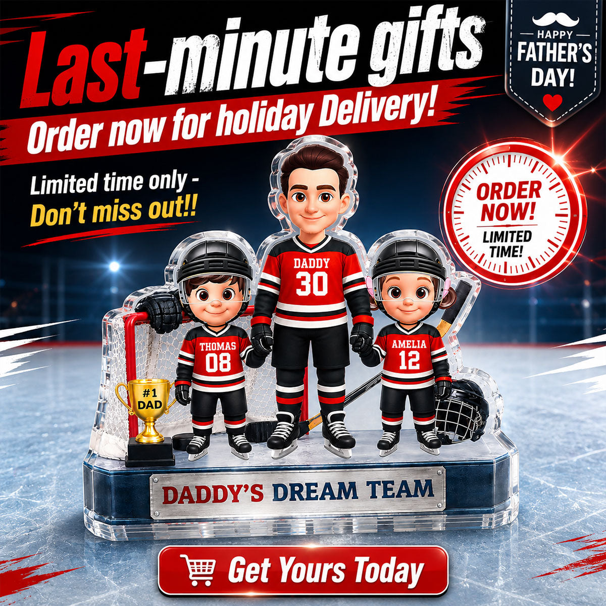 Daddy's Dream Team Hockey Dad & Kids - Personalized Acrylic Block Plaque - Father's Day Gift For Dad, Husband