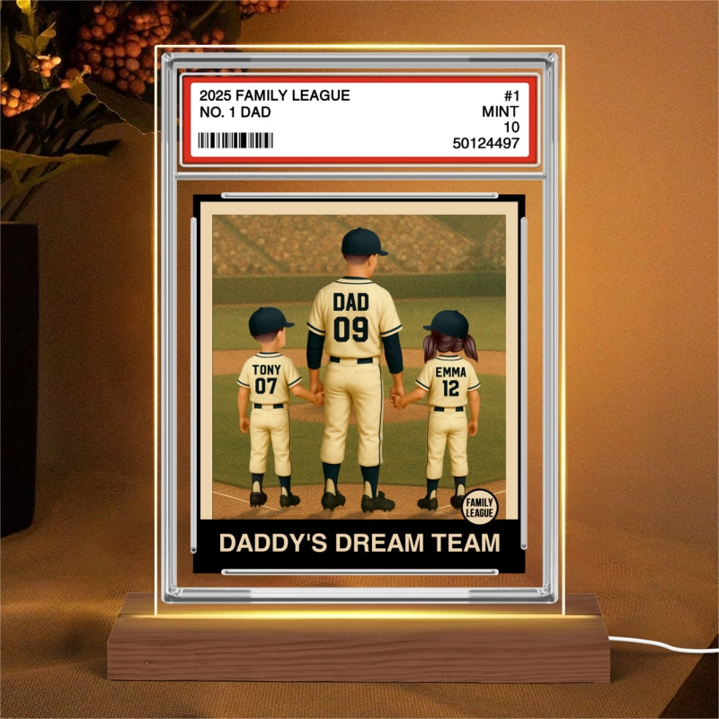 Baseball No. 1 Dad Man & Kids Trading Card Style Personalized Acrylic Plaque With LED Night Light