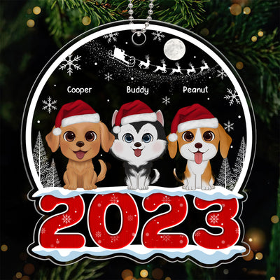 Watercolor Cute Dogs Cats Sitting On 2023 Christmas Sleigh Personalized Acrylic Ornament
