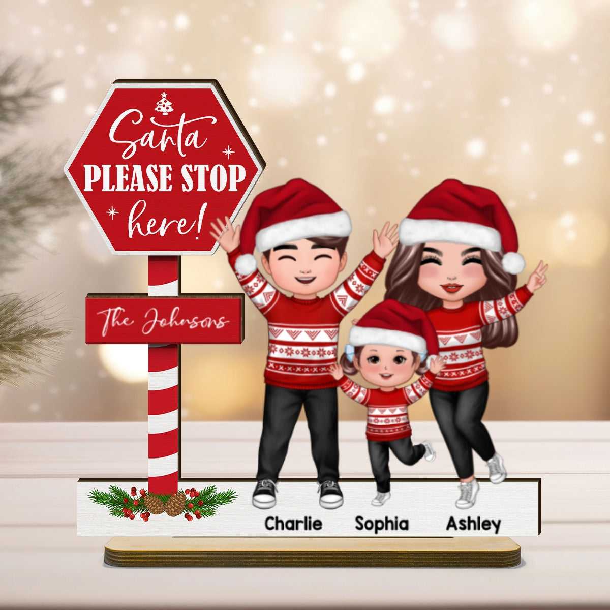Santa Please Stop Here Family Christmas Decor Personalized 2-Layer Standing Wooden Plaque