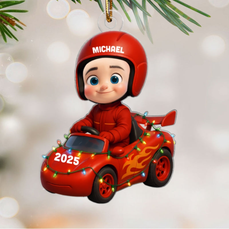 3D Effect Little Kid Racing Car Christmas Personalized Acrylic Ornament