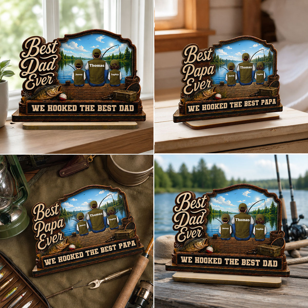 We Hooked The Best Dad Papa Fishing Man & Kids Back View 2D Flat - Personalized 2-Layered Wooden Plaque - Father's Day Gift For Hunting Dad, Grandpa