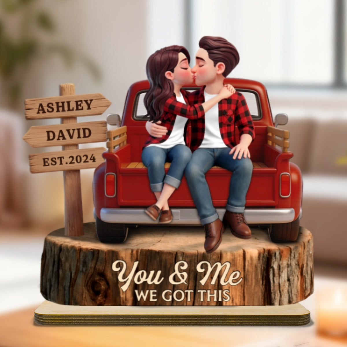 Everlasting Love Couple Sitting Kissing Pickup Truck Sign Posts - Personalized 2-Layered Wooden Plaque - Valentine's Day Gift For Couple, Farmhouse Decor