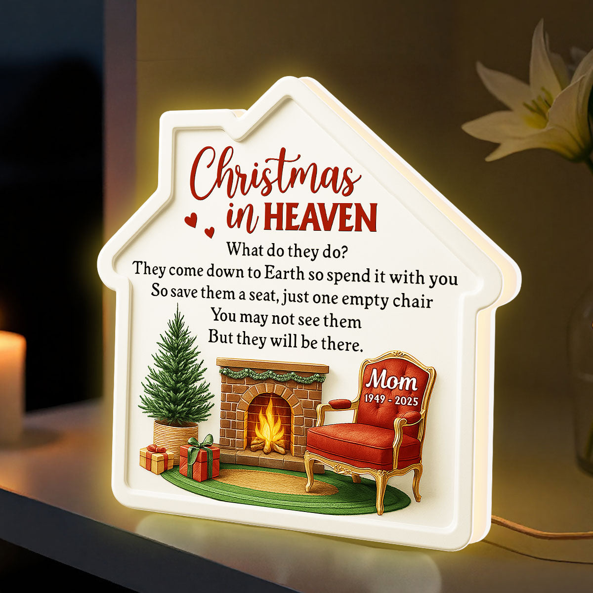 3D Effect Christmas In Heaven Family Memorial House Shaped - Personalized Light Box