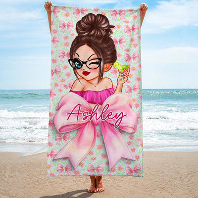 Girls Personalized Bow Floral Beach Towel, Preppy Girls Pool Towel with Name, Bachelorette Party Beach Trip
