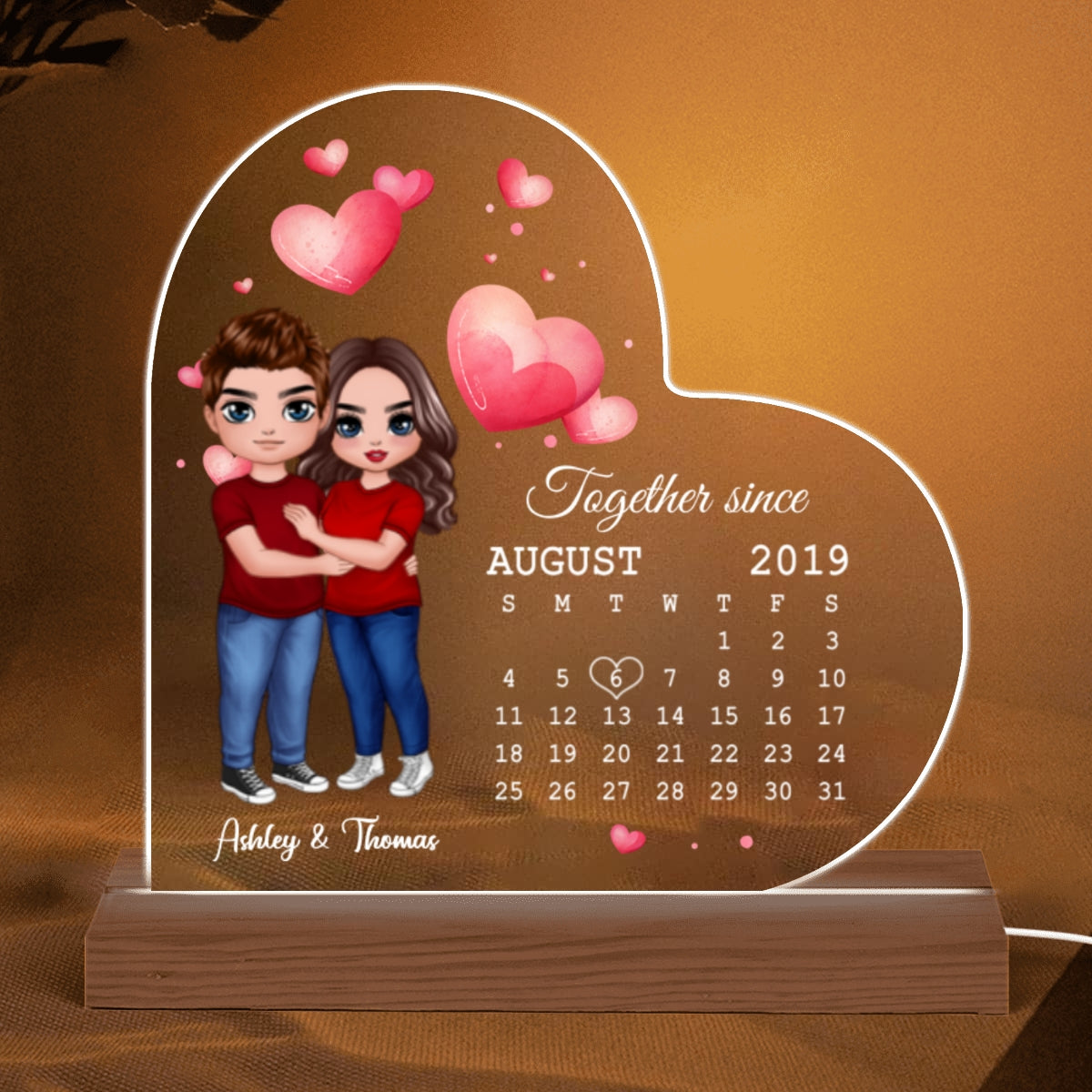 Doll Couple Hugging Standing Anniversary Date Calendar Personalized Heart Shaped Acrylic Plaque With LED Night Light - Anniversary Gift For Couple - Gift For Him, Gift For Her