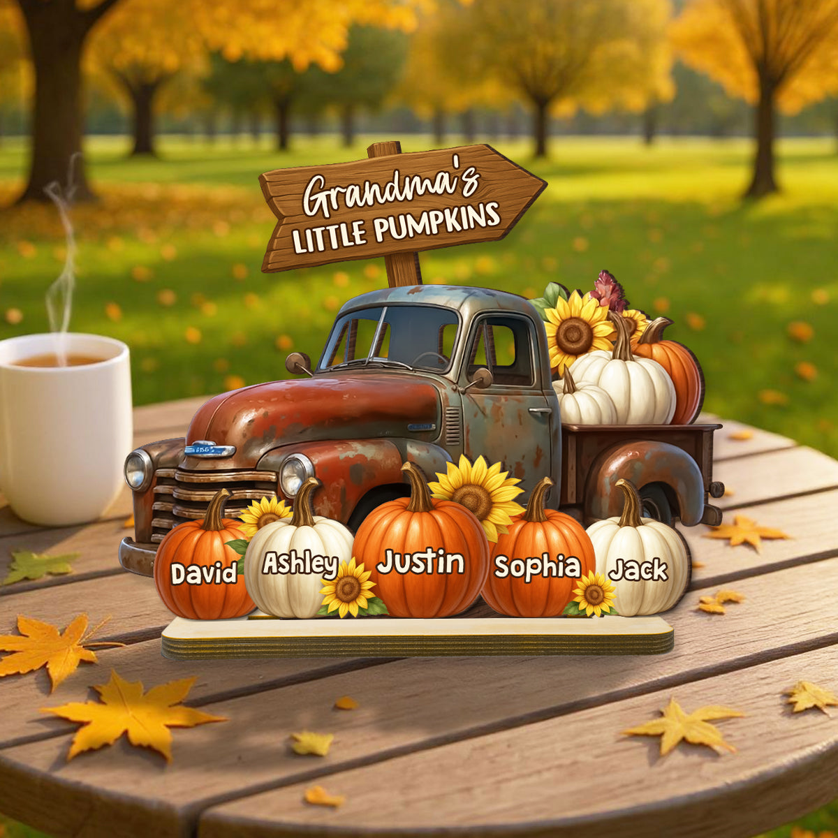 Grandma's Little Pumpkin Fall Truck Personalized Standing Wooden Plaque, Fall Decor for Grandma