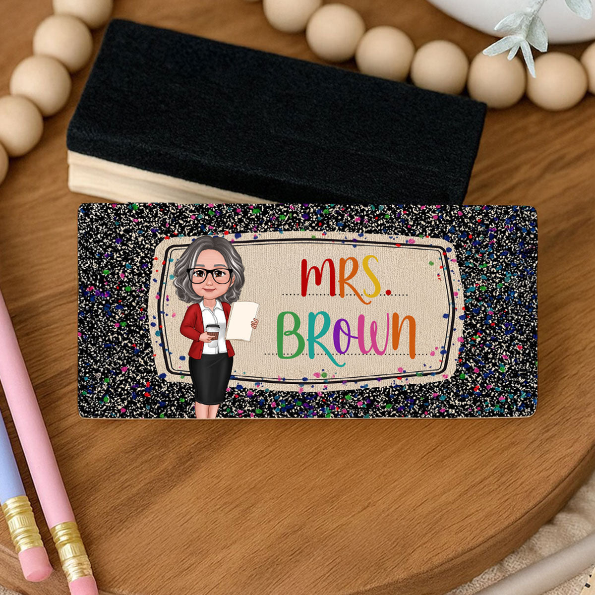 Teacher Colorful Composition Book Pattern Personalized Chalkboard, Whiteboard Eraser with Marker, Teacher Appreciation Gift, Back To School Gift