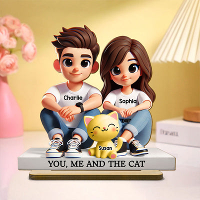 3D Effect Cute Couple And Dogs Cats Personalized Standing Wooden Plaque, Anniversary Gift,  gift, Couple Keepsake